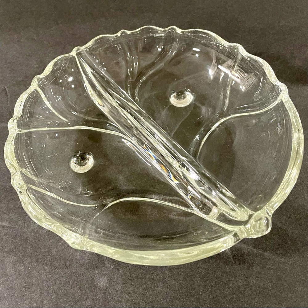 Vintage Viking Glass Divided Footed Relish Dish Leaf Pattern MCM Clear Glass